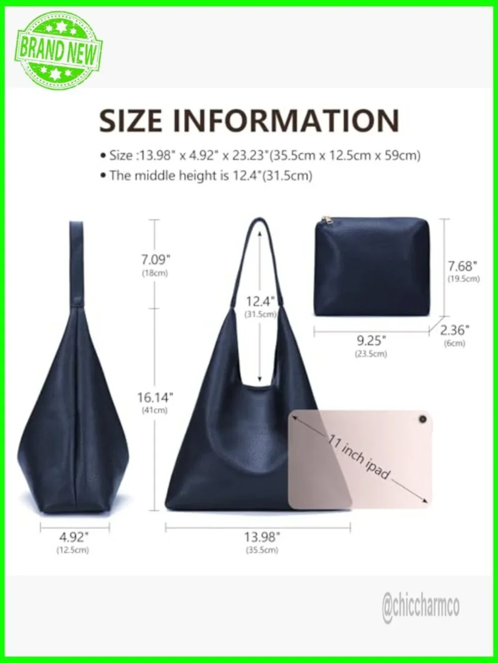 Soft Vegan Leather Hobo Shoulder Bag Slouchy Tote with Cosmetic Purse